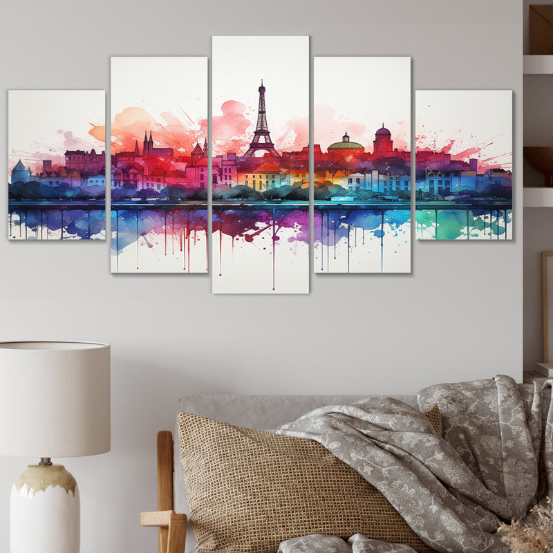 «Paris Skyline Eiffel Tower Vibrant Watercolor V - City Paris, reproduction sur toile - 5 panneaux