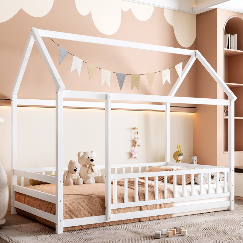Twin Size Floor Wooden Bed With House Roof Frame, Extra-High Safety Guardrails, Twin, White
