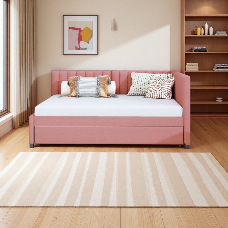 Upholstered Daybed With Sofa Bed Frame No Box Spring Needed, Linen Fabric, Pink