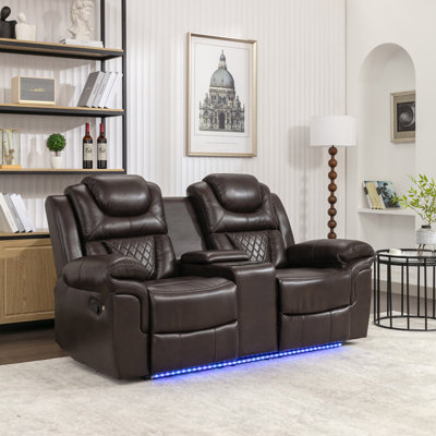 Home Theatre Seating Manual Recliner Loveseat With Hide-Away Storage, Cup Holders And LED Light Strip For Living Room