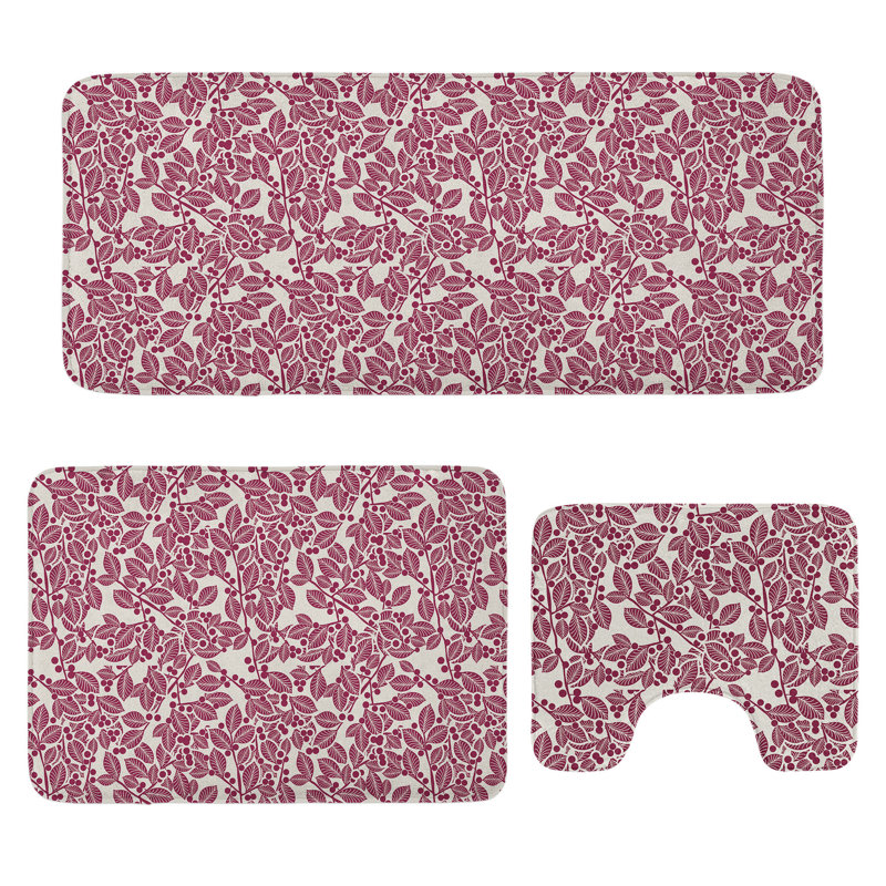  Leaves Bathroom Rug Set 3 Pieces U-Shape & Rectangle Mats Maroon Beige