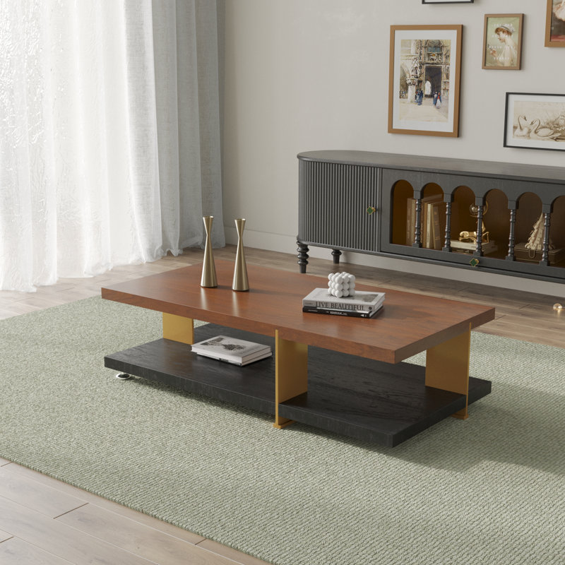 Rectangular Coffee Table With Storage, Brown Top/Black Base