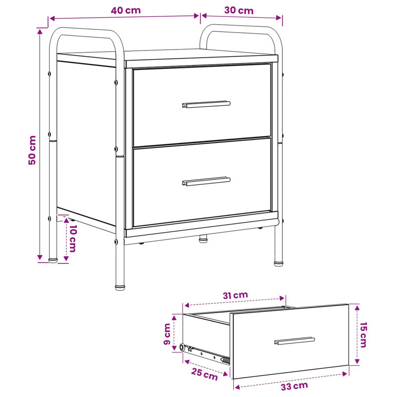 40 cm W Galvanised Steel Bedside Table, Smoked Oak