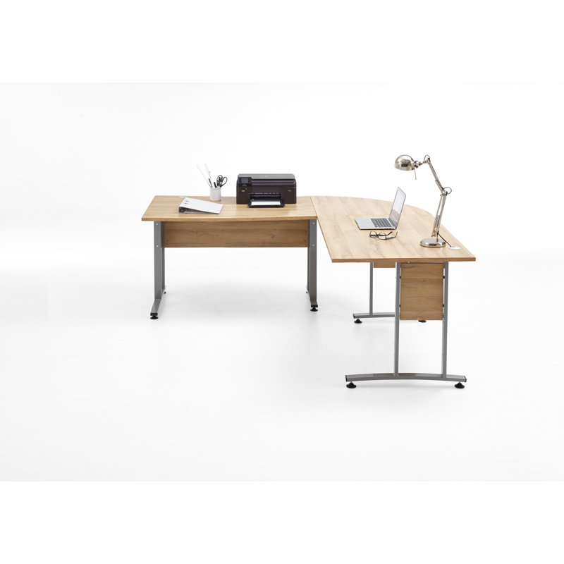 Woolery L-Shaped Metal Base Writing Desk, Old oak, 75cm H x 240cm W x 240cm D
