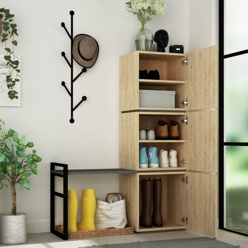 Corbin Hall Tree Bench with Shoe Storage, Coat Hooks, and Metal Hanger for Entryway, Oak/Anthracite