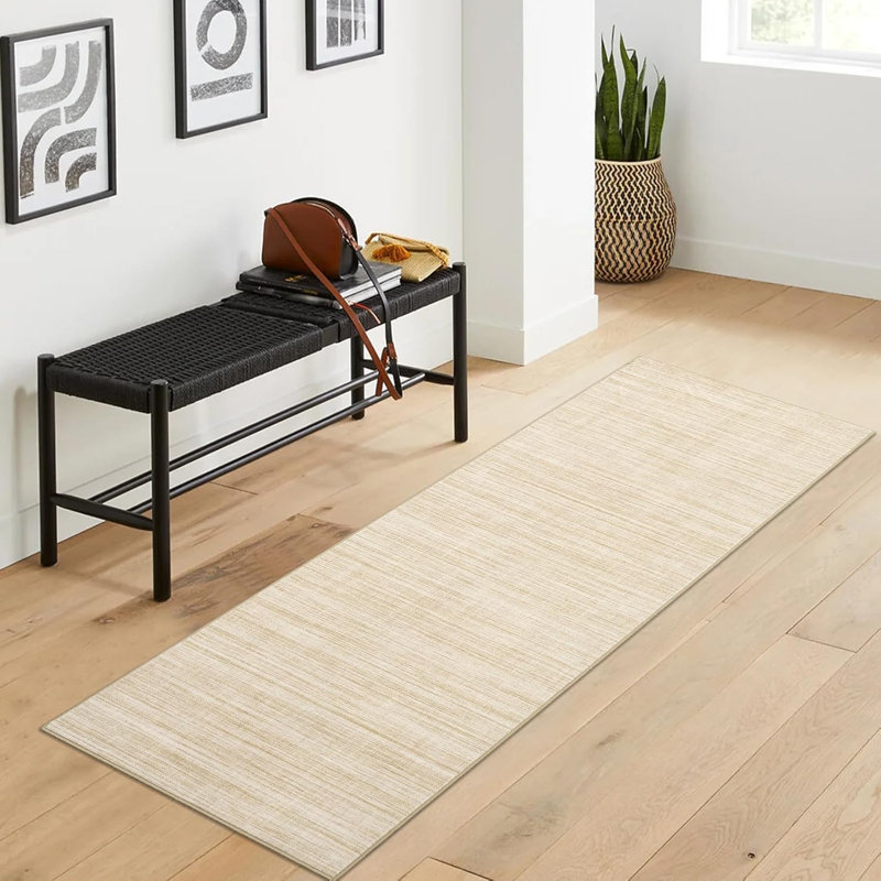 2x6 Washable Runner Rug – Beige Solid Color Hallway, Kitchen, Low Pile, Non-Slip, Soft Foldable Mat for Bedside, Laundry
