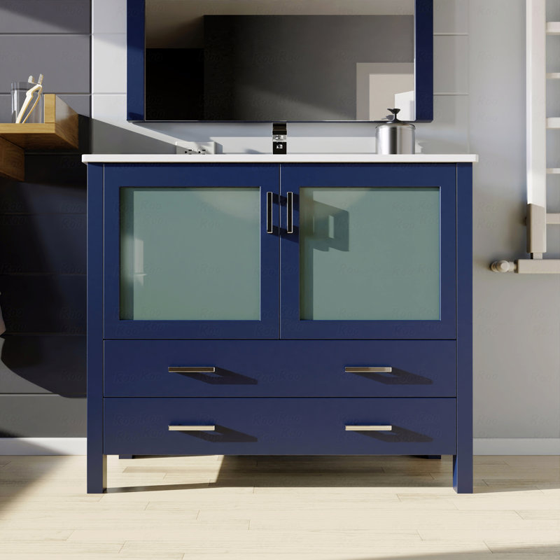 Ensemble de meuble-lavabo simple 36 po x 18,25 po avec comptoir en céramique blanc et robinet, Bleu, 36"