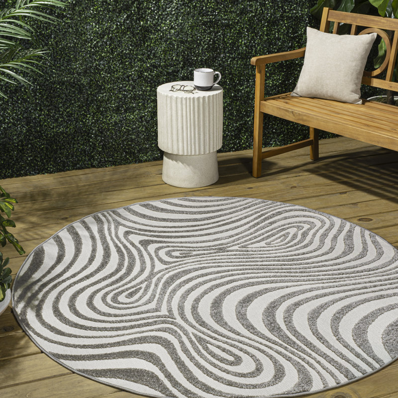 Maribo High-Low Abstract Groovy Striped Gray/Ivory Indoor/Outdoor Rug, Round 9'