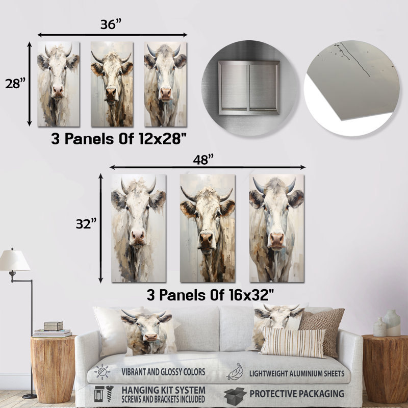Minimalism Beige Cow Portrait - Cow Metal Prints Set Of 3, 28" H x 36" W