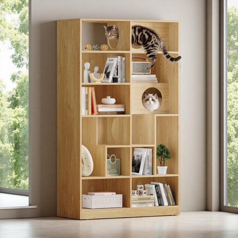 Bibliothèque pour chat moderne 2 en 1, étagère à chat avec rangement, bac à litière pour chat, Naturel