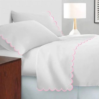 Allena 400TC Cotton Scallop Embroidery Sateen Cotton 4 Piece Sheet Set Fitted Sheet Fits Upto 16" Deep Pocket, Light Pink