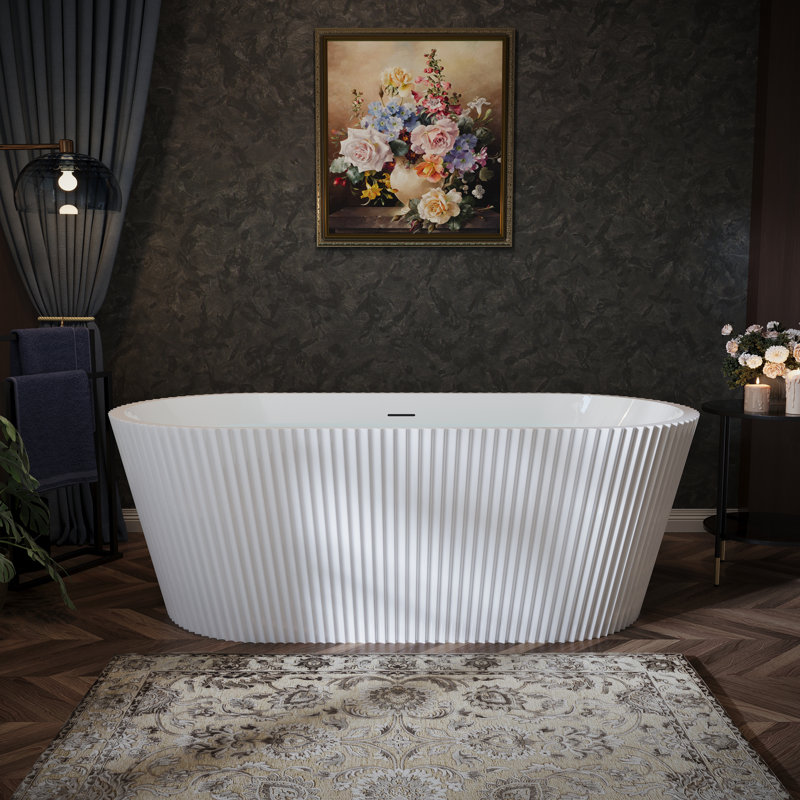 67" Acrylic Freestanding Bathtub, Modern Deep Soaking Tub w/ Overflow & Chrome Pop-Up Drain, Fluted Oval Shape Stand Alone Soaker Tub for Bathroom Remodel Projects, Glossy White