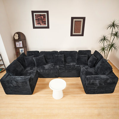 U-Shaped Sectional Sofa with Reversible Chaise, Striped Corduroy Fabric, Customizable Layout for Modern Living