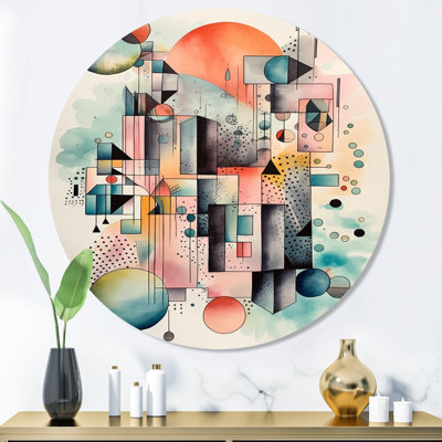 «Blue and Orange Geometric Balance IV», art mural rond abstrait géométrique sur métal