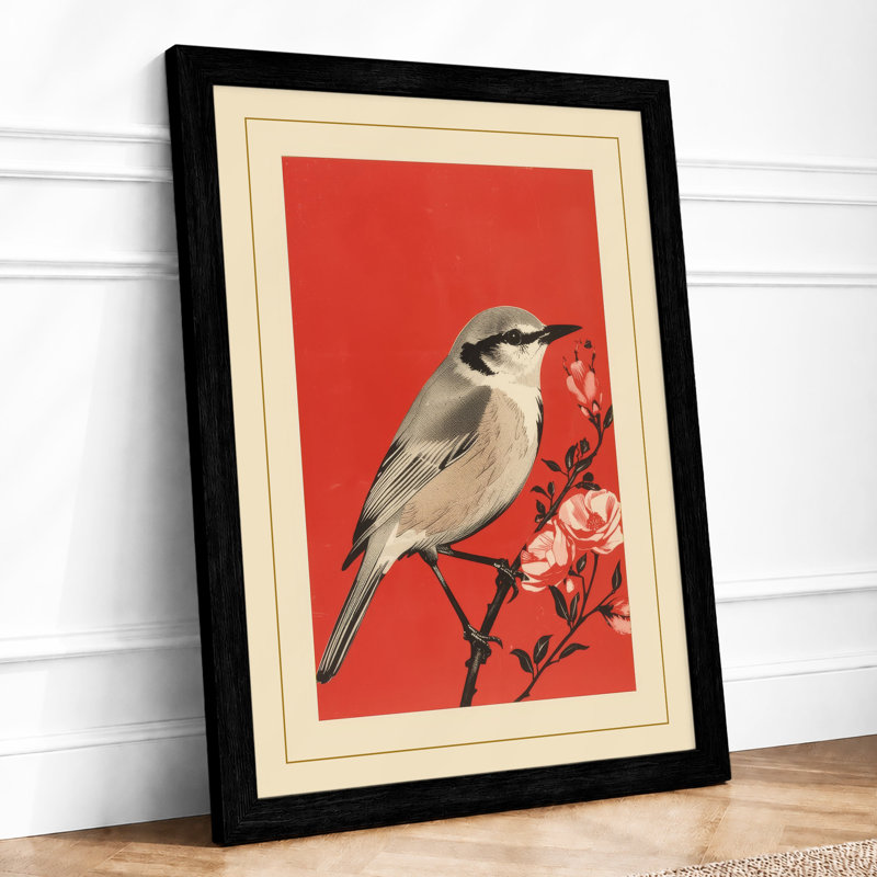 Bird On Flowering Branch Japandi - Print, A2 - 59.4 x 42.0 cm, Black