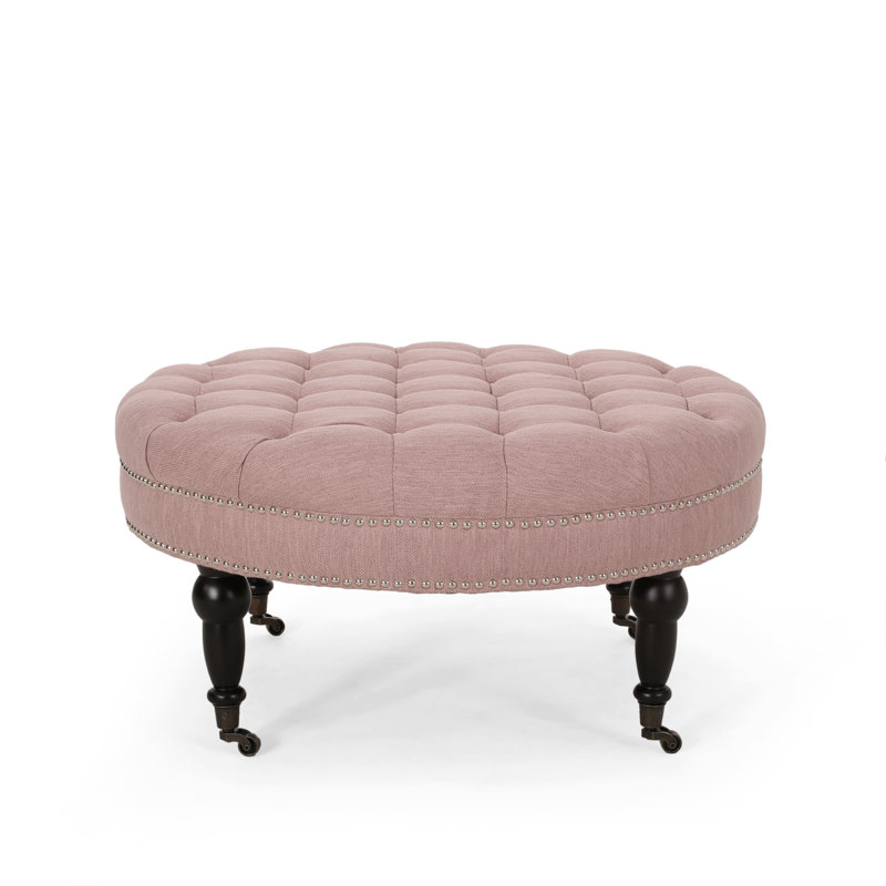 Healdton Ottoman Coffee Table Round Ottoman Upholstered Ottoman Living Room Ottoman, Light Blush Polyester