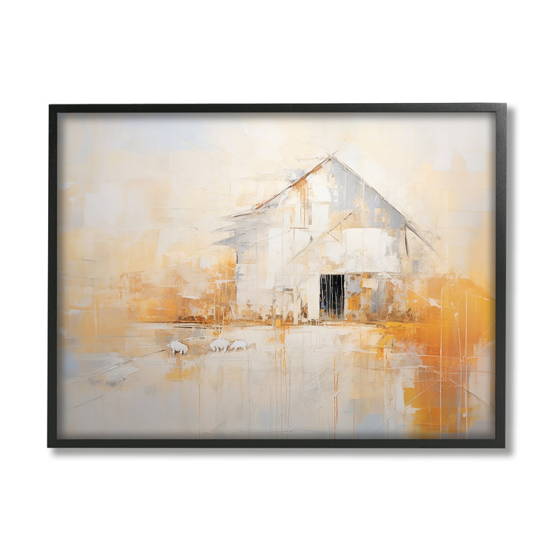 "White Abstract Barn" par Ramona Murdock, reproduction d'art sur toile, H 16 po x l 20 po, Giclée encadrée noir minuit