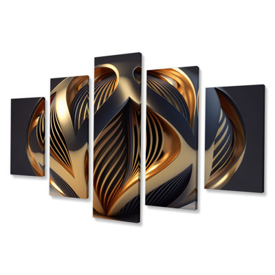 Op-Art Retro Gold Geometric Dimensions V - Abstract Spirals Wall Decor - 5 Panels