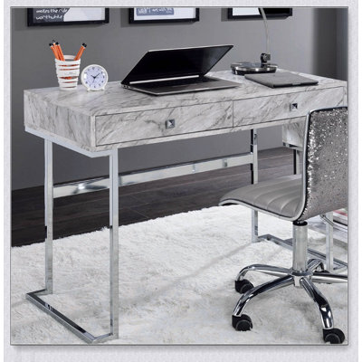 Modern Rectangular Writing Desk with 2 Drawers, Faux Marble Top, and Chrome Frame for Elegant Home Office