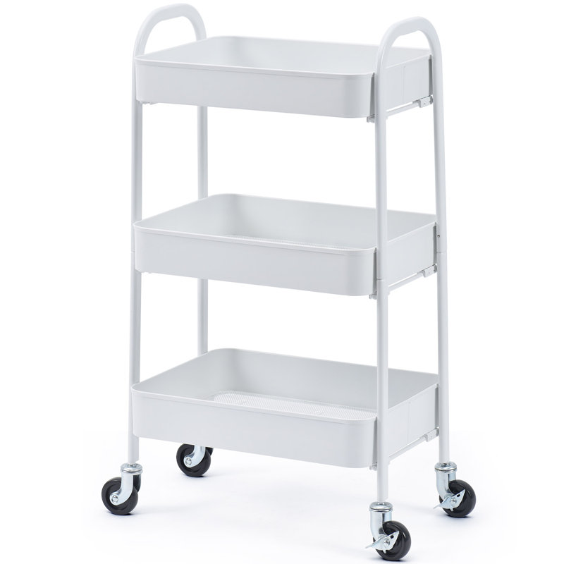 Metal Utility Cart, 3 Tier Rolling Cart With Lockable Wheels, White