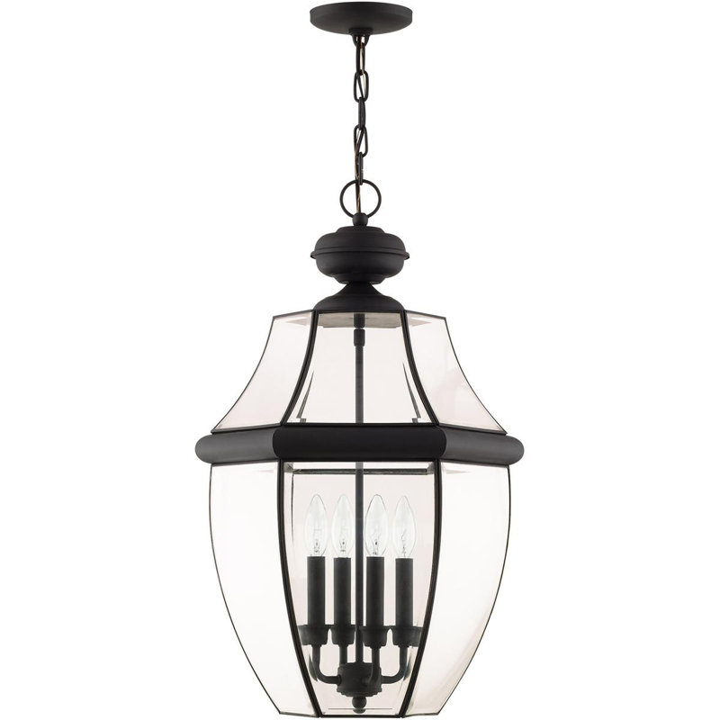 Outdoor Chain Lantern Pendant Lighting Fixture, Clear Beveled Glass Shade, Black