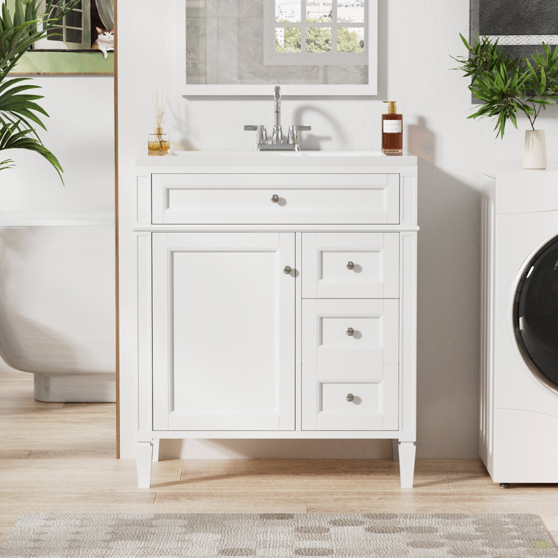 Meuble-lavabo de salle de bain avec lavabo supérieur, meuble de rangement moderne avec 2 tiroirs et un tiroir basculant, meuble-lavabo simple