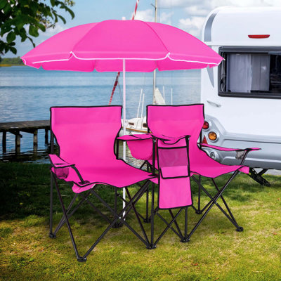 Portable Folding Picnic Double Chair With Umbrella Table Cooler Beach Camping Chair Pink by Arlmont & Co.