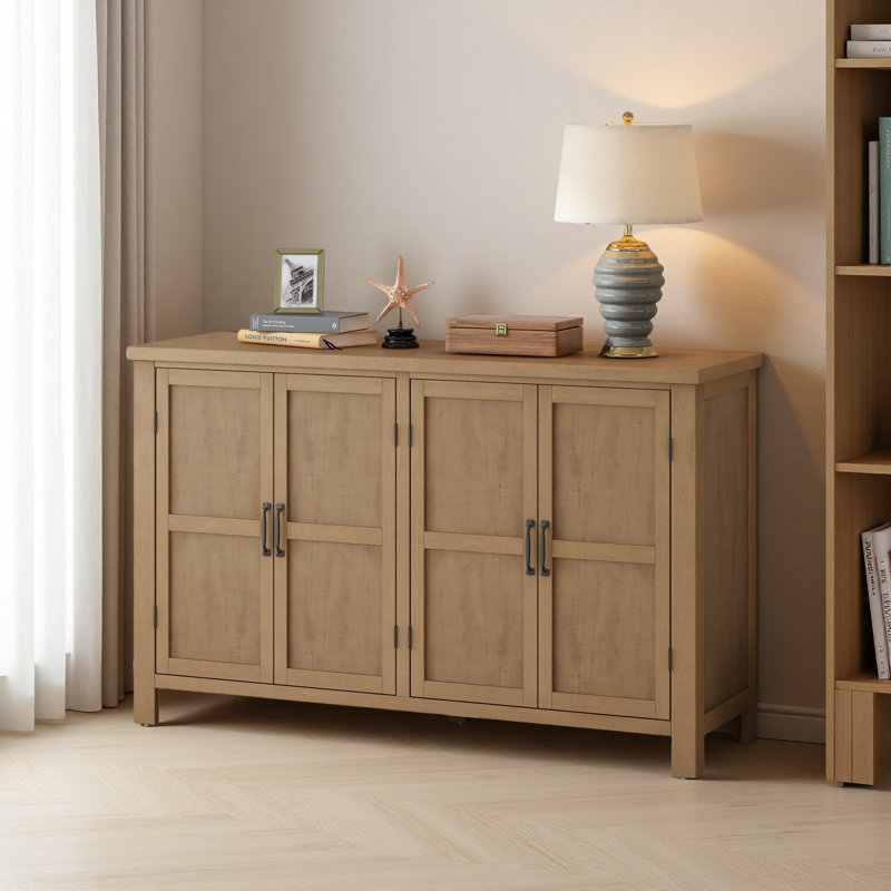 Buffet de rangement à 4 portes avec tablettes réglables et poignées rétro Atimon, rangement spacieux, pieds en pin, pour le salon, le bureau et le vestibule