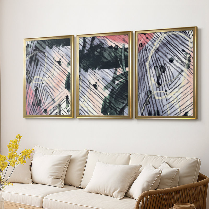 Angled Spaces IV - Toile tendue sur mesure avec châssis, 3 pièces, H 19 po x l 27 po, Doré