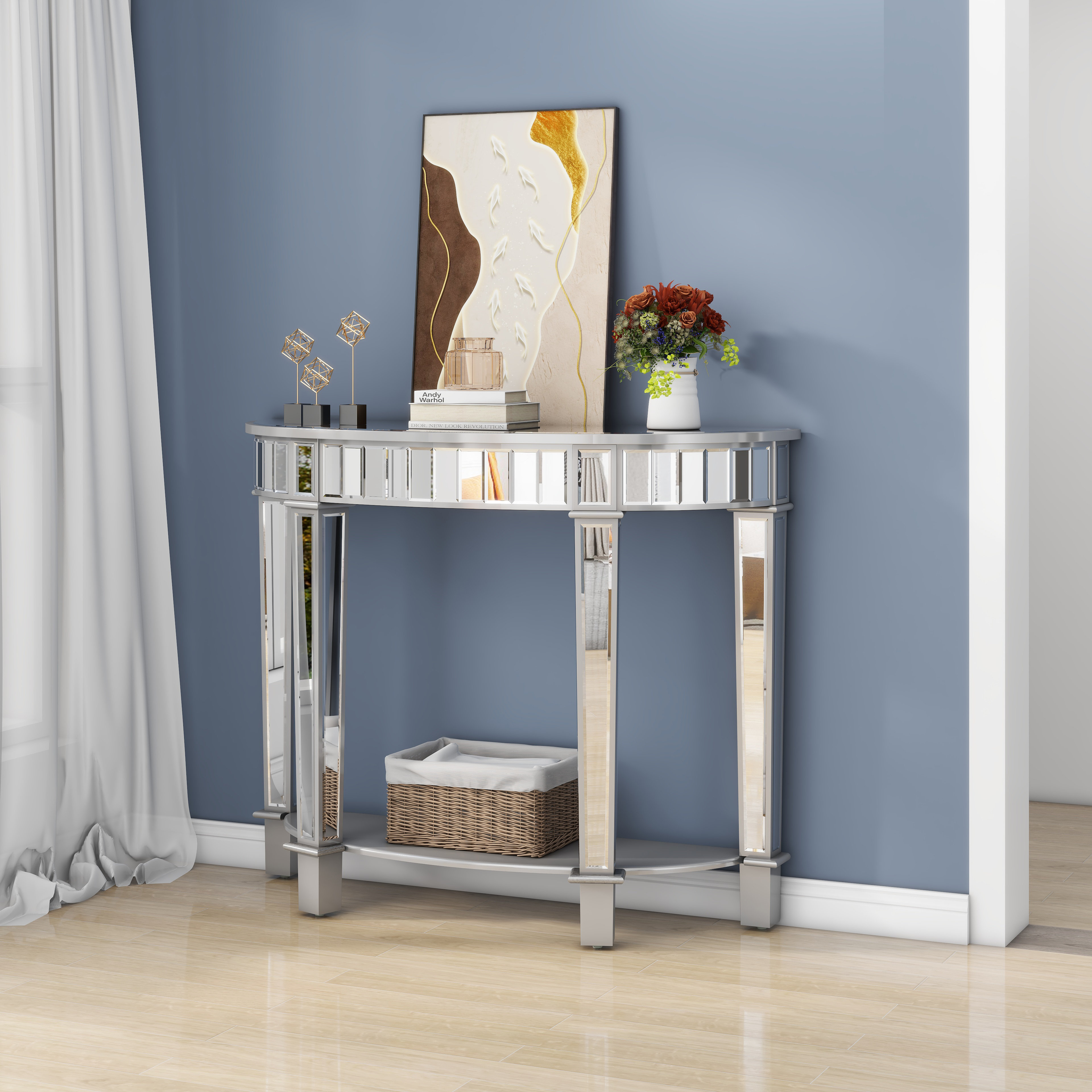 Table console - UNHO - 120x35x76cm - Argenté - MDF - Verre miroir