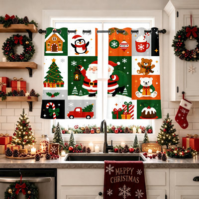 2Pcs rideaux occultant de fenêtre de Noël, festif père Noël pingouin ours arbre décorations de vacances pour le salon chambre à coucher