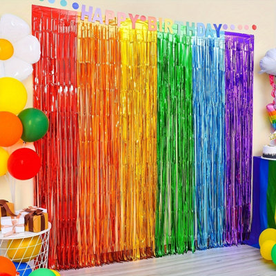 4pcs Rainbow Foil Fringe Backdrop Colorful Tinsel Streamers Backdrop for Birthday Party Back to School Decorations