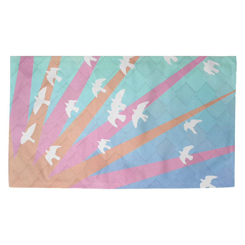 Paillasson d’intérieur dégradé dobbys et oiseaux et soleil Fawcett, Bleu/rose, Rectangulaire 2 pi 1,5 po x 3 pi 4 po