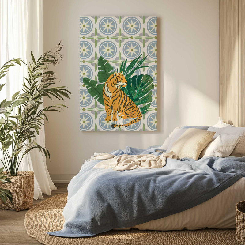 Tigre et motifs tropicaux sur toile tendue, H 18 po x l 12 po