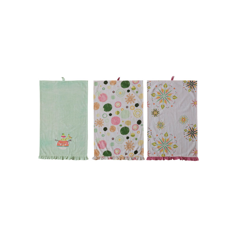 Cotton Printed Tea Towel With Snowflakes/Snowman, Ruffle And Loop