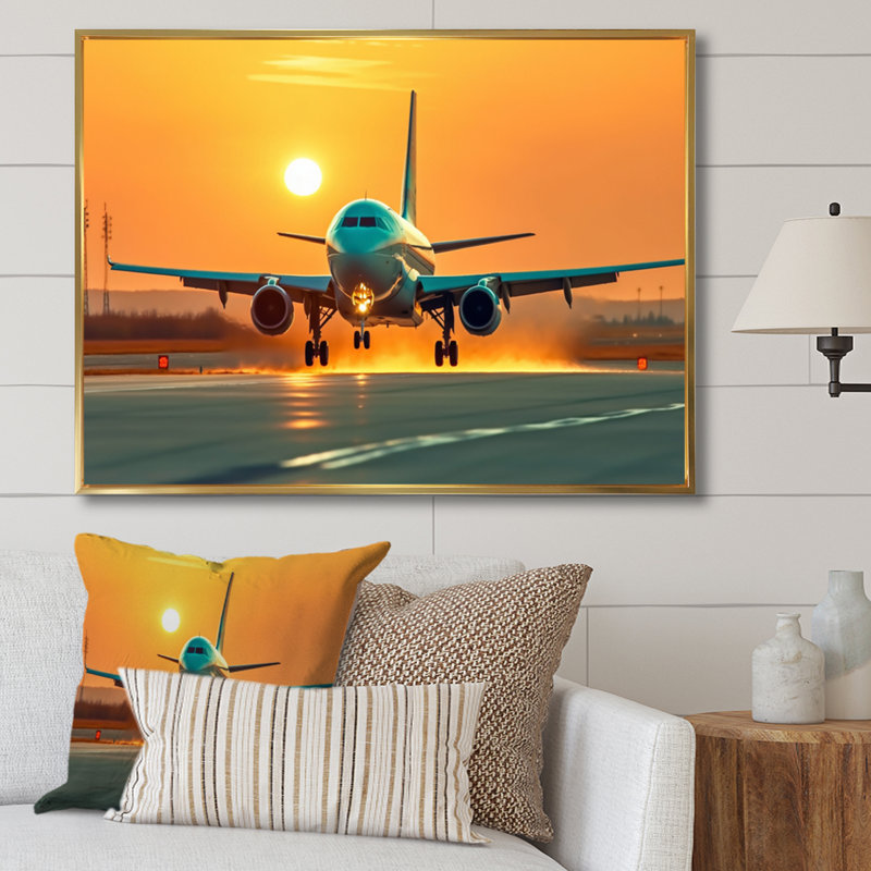 Coucher de soleil sur le tarmac I - reproduction sur toile, Cadre flottant doré, H 24 po x l 32 po x P 1 po