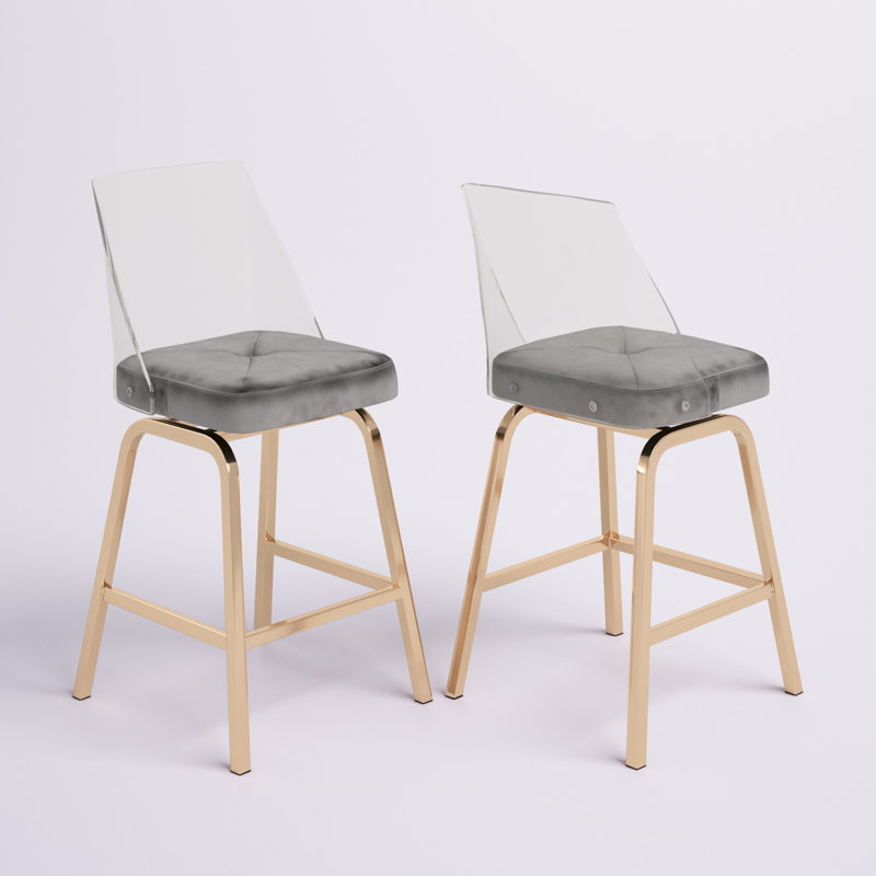 Tabouret de bar et de comptoir pivotant Milica, Tabouret de comptoir (assise de 24 po de hauteur), Bleu acier, Champagne or