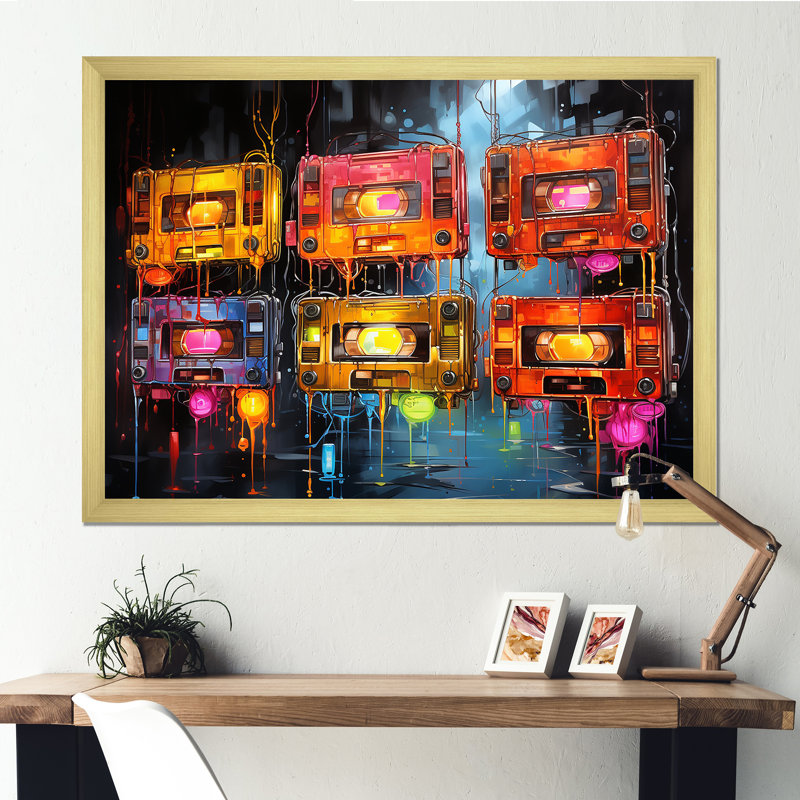 Neon Groove Cassette Tapes I - Cassette Tapes Wall Art, Cadre doré à coins fermés, H 16 po x l 32 po x P 1 po
