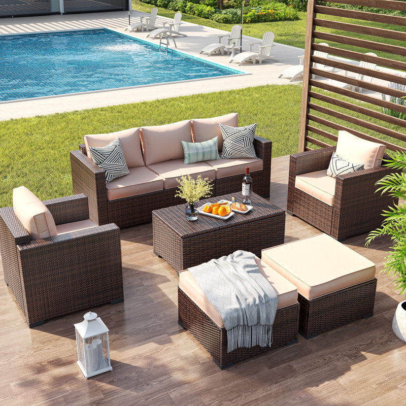Ensemble de conversation en osier avec coffre de rangement et repose-pieds, Beige