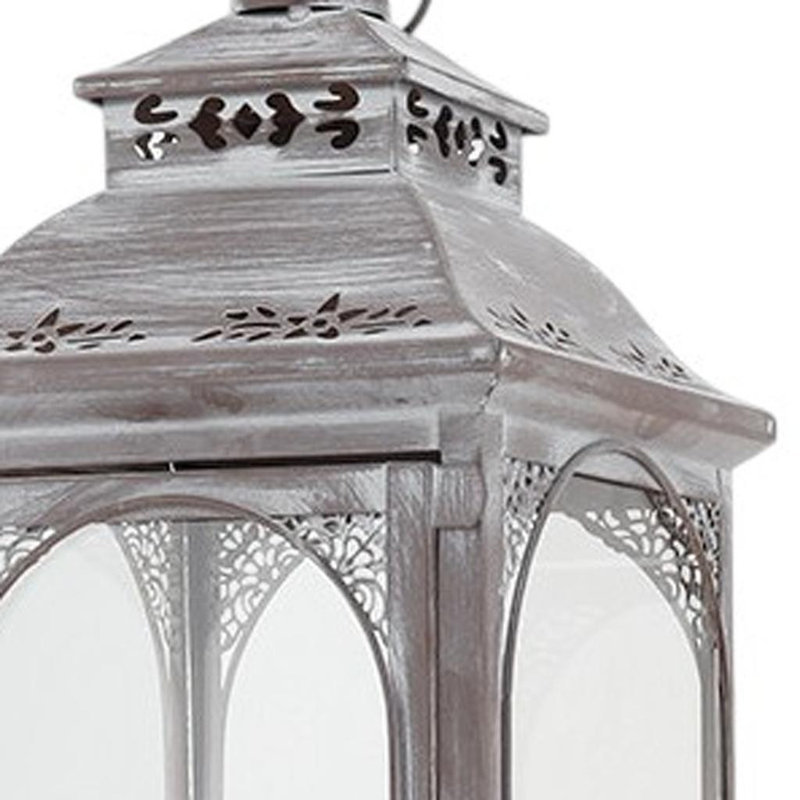 Set of Three Clear And Gray Glass And Metal Tabletop Lantern Candle Holders