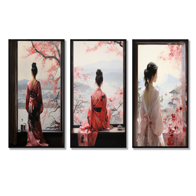 Ensemble de 4 décorations murales roses japonaises avec fenêtre, Cadre flottant noir, H 28 po x l 36 po