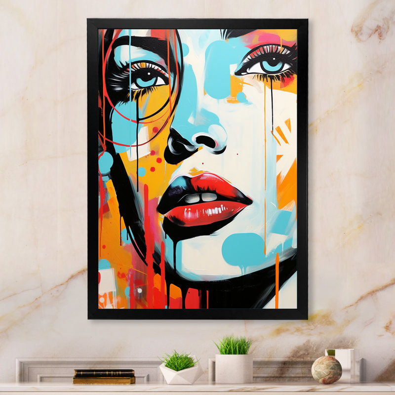 Pop Art bleu et orange Portrait de femme III - décoration murale moderne, Cadre simple noir, H 44 po x l 34 po x P 1,5 po