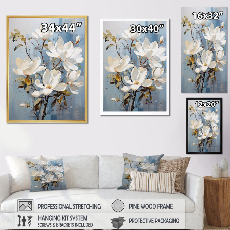 «Magnolias III» bleu et doré sur toile, Cadre naturel flottant, 40" H x 30" W