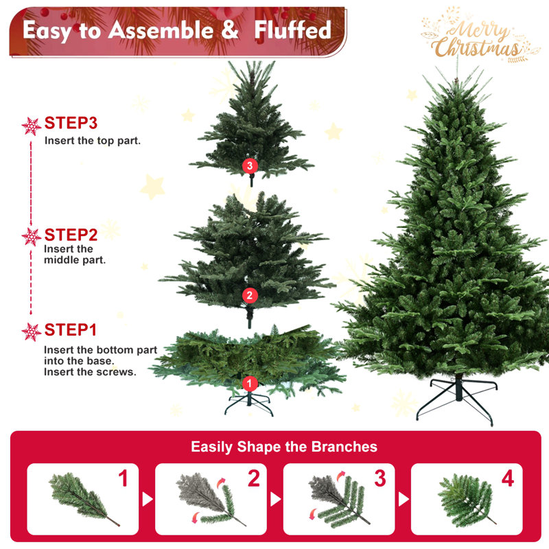 Arbre de Noël pleine forme avec pointes - aiguilles mixtes Pe / Pvc, base large pour les grands espaces, structure à charnières pour une installation facile, support en métal pour un soutien solide *