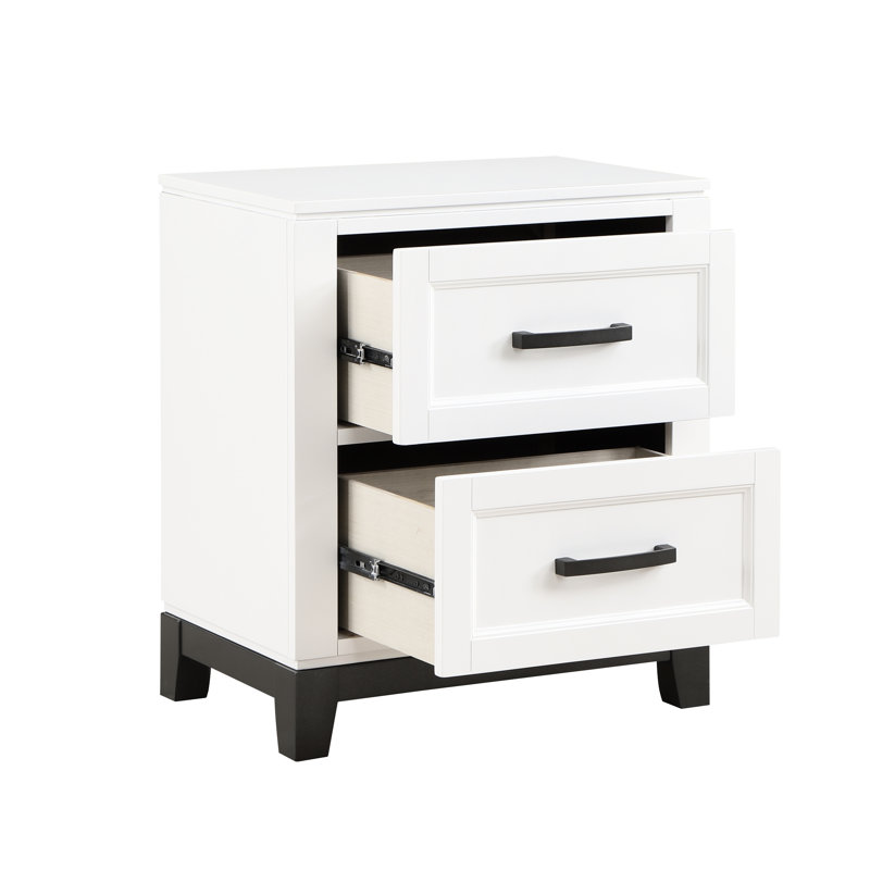 Table de chevet rustique en blanc - Meuble en bois à 2 tiroirs avec poignées de bar