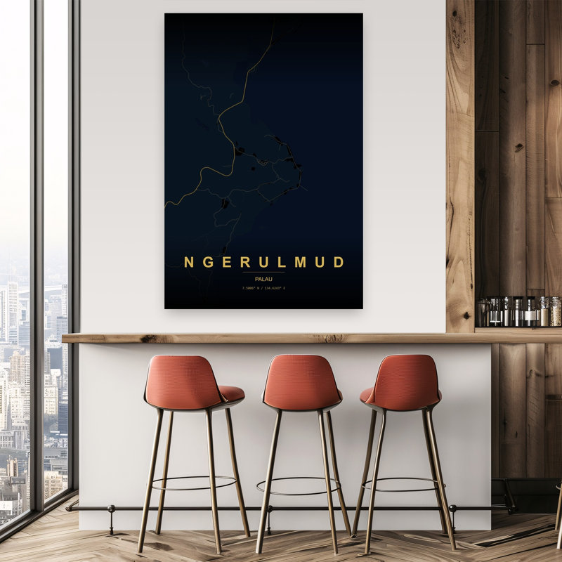 «Ngerulmud Palau», carte abstraite, ville moderne minimaliste, art mural, H 60 po x l 40 po