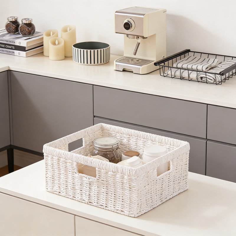 Woven Paper Rope Storage Basket With Built-In Handles, Rectangular Decorative Organizer Bin For Shelves, Pantry, Bathroom, And Home Office
