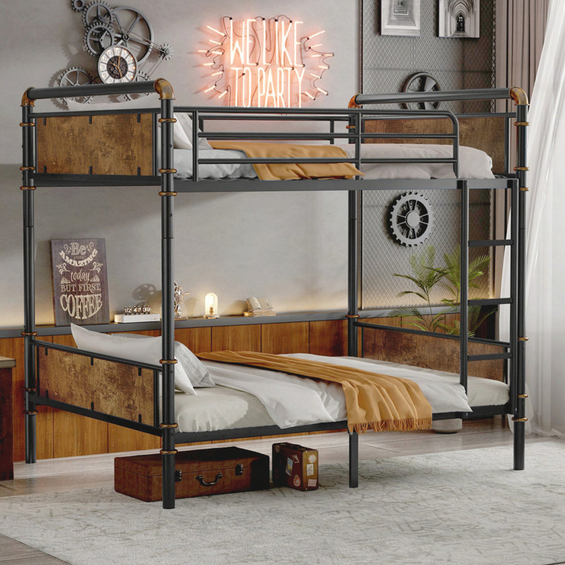 Twin XL over Twin XL Metal Bunk Bed, Industrial Detachable Bunkbeds with Safety Guard Rails for Teens