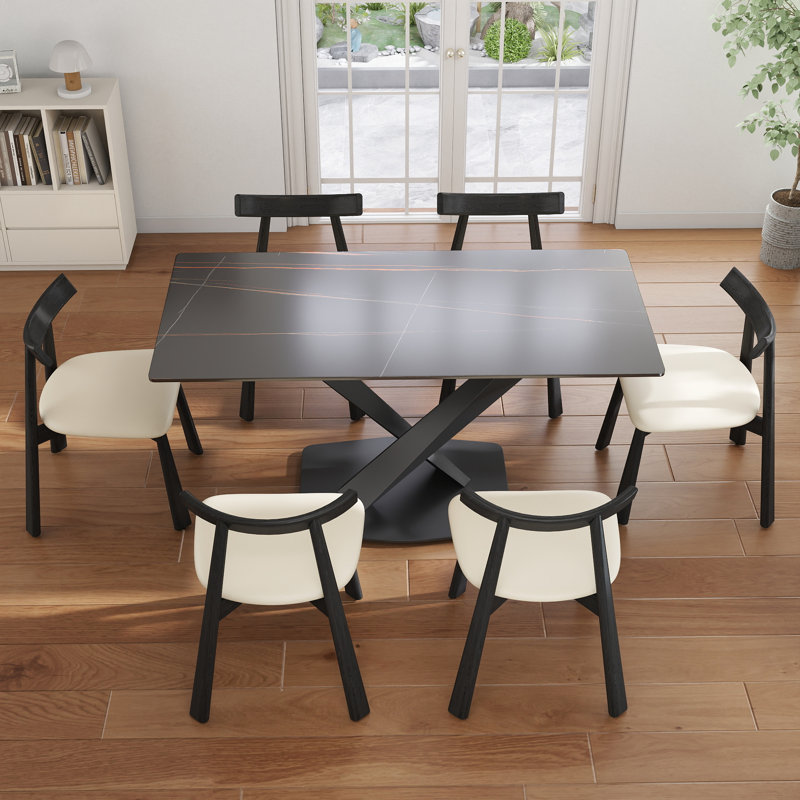 Ensemble de table de salle à manger 7 pièces 7 pièces avec 6 chaises en similicuir, Lauren Blackgold, Beige/noir