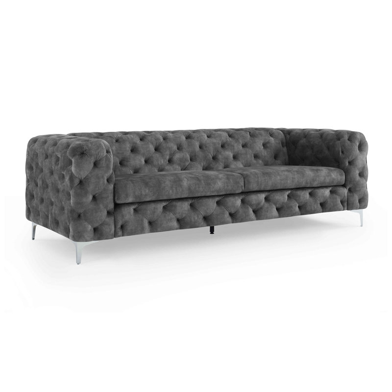 Ghaleb 237Cm Velvet Square Arms Sofa, Dark Grey Polyester Blend, Silver